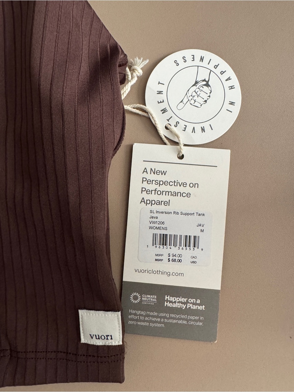NWT Vuori Inversion Ribbed Cropped Support Tank Top, M, Java brown - Picture 6 of 6